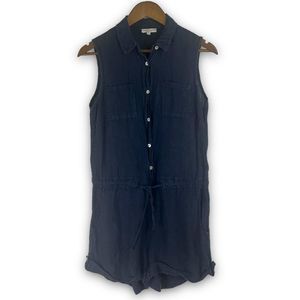 Marisa & Marie Navy Half Button Front‎ Drawstring Cuffed Linen Romper Size Small